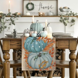Artoid Mode Bule Polka Dot Pumpkins Eucalyptus Wood Fall Table Runner, Seasonal Autumn Kitchen Dining Table Decoration for Home Party Decor 13x108 Inch