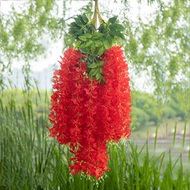 WEISPARK Fake Hanging Flowers - 12 Pieces 3.75 Feet/Piece Artificial Wisteria Vine Ratta Hanging Garland Silk Flowers for Home Party Wedding Decor (Red)