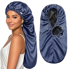 Gorro de dormir de satén largo – Gorra de satén ajustable extra grande para trenzas de cabello