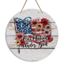4th of July Decorations One Nation Under God Patriotic Decor Memorial Day Decorations Independence Day Americana Christian Wooden Round Hanging Decor Sign for Home Office Wall Door