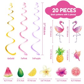 WERNNSAI Flamingo Hanging Swirls - 20 Pieces Tropical Fruits Hawaiian Party Decorations for Birthday Party Ceiling Decorations for Girls Baby Shower Decoration Streamers