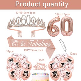60. Geburtstag Krone Schärpe Luftballons Roségold 60. Geburtstag Schärpe und Tiara Diademe 60Jahre Dekorationen Cupcake Topper Birthday Schärpe Haarschmuck für Damen 60. Geburtstag Dress Up Party