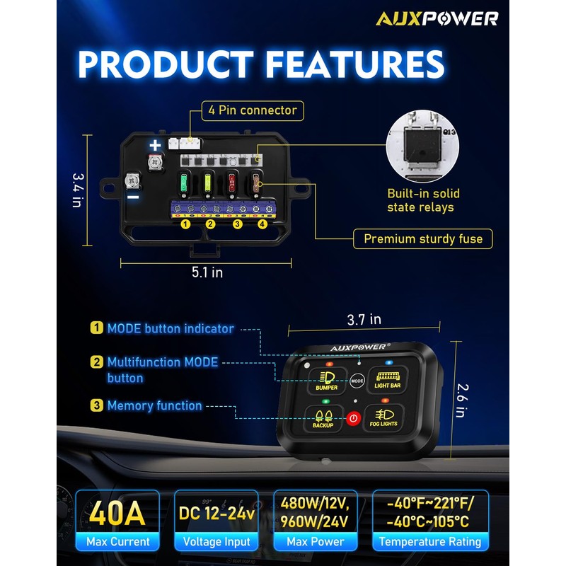 Auxpower RGB 4 Gang Switch Panel A24 Auxiliary Switch Panel