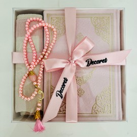 English Translate Thermo Leather Covered Quran, Tafta Prayer Mat and Beads Set |Quran Size: 17 * 20 cm / 5.5 * 7.9 inc| Muslim Prayer Mat | Great Ramadan Gifts for Muslim Men,Women (Pink,1 Sets)