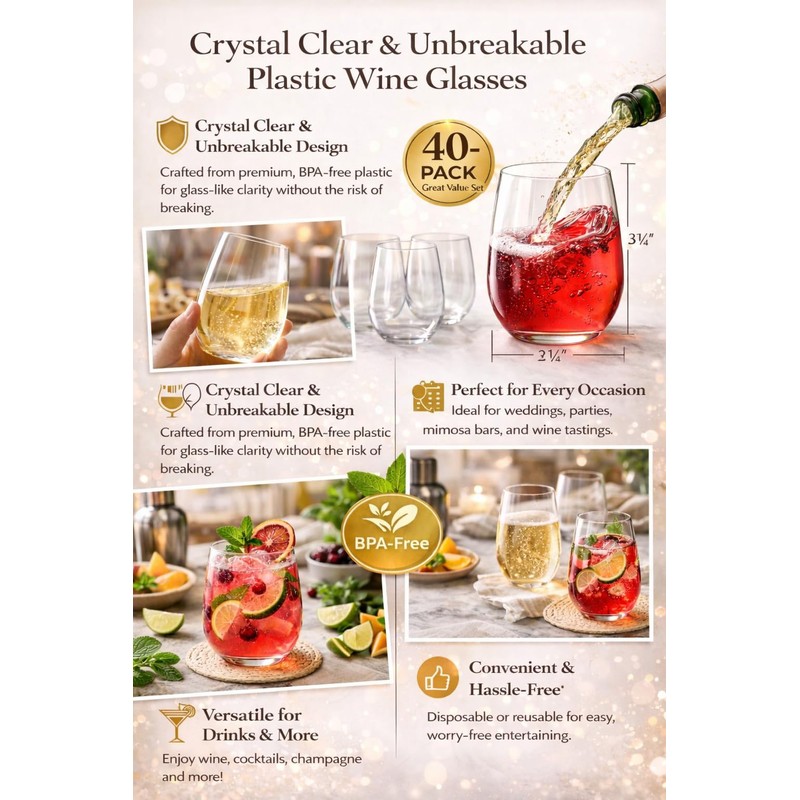 Oojami 40 Pack 12 Ounce Stemless Unbreakable Crystal Clear Plastic