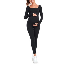 EastElegant Maternity Seamless Yoga Jumpsuits Women's One Piece Workout Bodysuits Ribbed Square Neck Long Sleeved Romper Black M