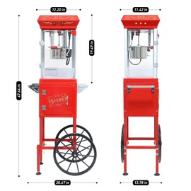 6 Oz Popcorn Machine with Cart, 480W Vintage Popcorn Maker, Commercial Stainless Steel Popper with Heated Deck and Old Maid Drawer, for Home Movie Theater, Party (Red)