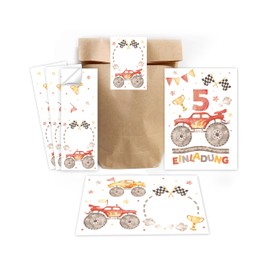 12 Invitations for 5th Children's Birthday Boys Monster Truck Car Invitations for Fifth Birthday Includes 12 Envelopes, 12 Party Bags/Natural, 12 Stickers