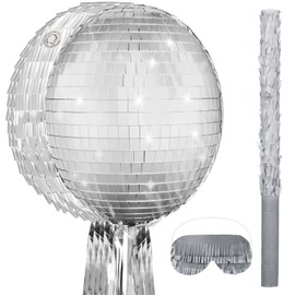 Aoriher Disco Ball Piñata 12.6 x 12.6 x 3 Inch Disco Party Game Set Mirror Ball Piñata Silver Foil 80s 90s Decoration with Stick Mask for Retro Theme Birthday Wedding Party Supplies Decor