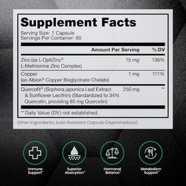 Pure Therapro Rx- Defensa de Zinc  Zinc  Cobre  Quercetina  60 Porciones en Cápsulas Veganas  LOptiZinc  Quercefit