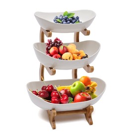 Futchoy Household 3 Tier Ceramic Fruit Plate Bowl,Bamboo Wooden Frame Plate Basket Holder,for Vegetables,Fruit and Candy Organizing (White)