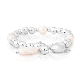 COBI Sterling Silver Irregular Beaded Bracelets for Women, Beads Balls Stretch Bracelet, Pearl & Heart Pendant, Everyday Wear Jewelry, Fashion Accessories, Hypoallergenic, Ideal Gifts - Silver