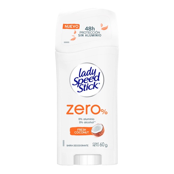 Lady Speed Stick Zero Desodorante en Barra para mujer Fresh Coconut, 48 horas de Protección, Sin Aluminio, Empaque Reciclable, Bloqueo del mal Olor, Con Minerales derivados de la Naturaleza, Protección contra Humedad, 0% Alcohol Etílico, 60 g