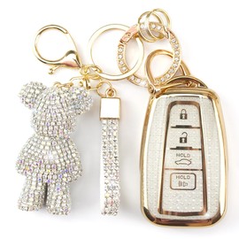 Rayslesan Cute Key Fob Cover with Rhinestone Bear Charm, Bling TPU Smart Key Case for Women, Compatible with Toyota Highlander RAV4 Camry Avalon Corolla Prius Prado 86 / GT86 (4-Button, Gold White)