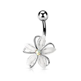 Pierced Owl 14GA Stainless Steel CZ Crystal Centered Wire Set White Flower Belly Button Ring (Silver Tone)