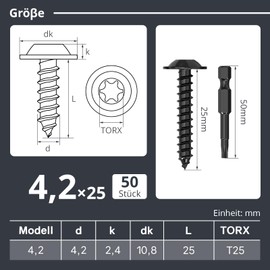 Dayalo Pack of 50 self-tapping screws, 4.2 x 25 mm, black, stainless steel flat head with disc Torx screws, self-tapping screws, drilling screws, wood screws, lens head, fully threaded, with drill