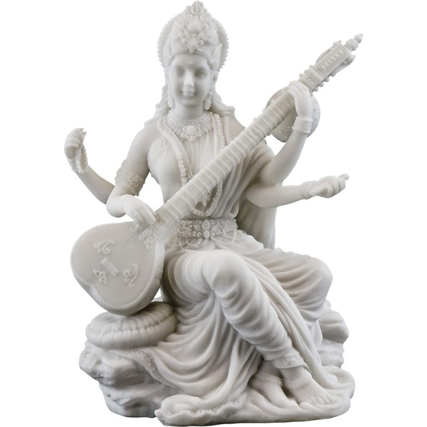Top Collection Saraswati Statue - Hindu Goddess of Knowledge, Music & Art Sculpture in White Marble Finish- 5.75-Inch Figurine