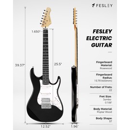 Fesley 39 Inch Electric Guitar: Beginner Electric Guitar Kit with HSS Pickup, Full Size Solid Body Guitar Starter Set with Amplifier, Bag, Strap, String, Cable, Picks, FST100, Black