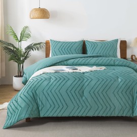 Andency Grayish Teal California King Comforter Set, Boho Cal King Soft Warm Tufted Bedding Comforter Sets, 3 Pieces Cali King Aesthetic Chevron Farmhouse Cute Bohemian Textured Bedding Set