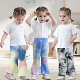 Dalukit 3 Pack Baby Girl Pants Tie-Dye Toddler Girls Flare Pants Newborn Bell Bottoms Ruffled Ribbed Knite Toddler Leggings