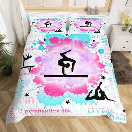 Gymnastics Bedding Set Gymnastics Lovers Girls Bedding Duvet Cover Set Gymnast Silhouettes Comforter Cover Set Pink Blue Tie Dye Bedspread Cover Bedroom Quilt Cover 2Pcs Twin,No Comforter