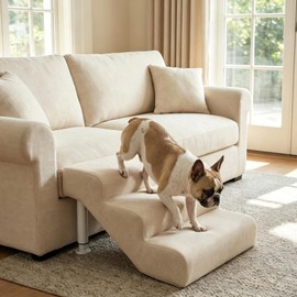 Dog Stairs for Bed & Couch, 19.7" Extra Wide Dog Steps, 3-Step Non-Slip Pet Stairs for Dogs & Cats, Adjustable Dog Steps for up to 150 lbs, Linen Faux Leather, Adjustable Height from 11.8" to 14.6"