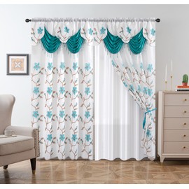 Petrichor Embroidery Sheer Curtain 2 Panels Set - Luxury Window Curtain Attached Valance with Satin Backing and 2 Tie Backs for Living Room,Dining Room, 54x63 inches, Turquoise