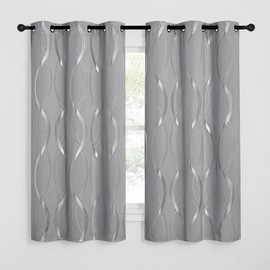 NICETOWN Kitchen Blackout Curtain Panels, Window Treatment Thermal Insulated Solid Grommet Blackout Wave Line Foil Print Design Curtains for Kitchen, Cafe, Loft (Silver Grey, Set of 2, 42 by 63 Inch)