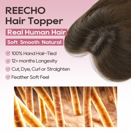 REECHO Hair Toppers for Women Real Human Hair, Seamless Human Hair Toppers with Bangs, 360° 3D Cover Clip in Bangs Hair Extensions for Daily Wear, Dark Chocolate Brown