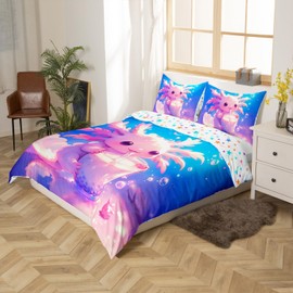 Homemissing Kids Cute Axolotl Bedding Set Double Size Cartoon Salamander DrinSuper King Comforter Cover Set for Boys Girls Kawaii Ocean Sealife Duvet Cover Bedspread Cover Room Decor,No Stuffing