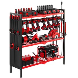 Large Power Tool Organizer Cart with Charging Station 8 Drill Holder Garage Storage Standing Heavy Duty and Stability Storage Rack Utility Tool Shelf (Red)
