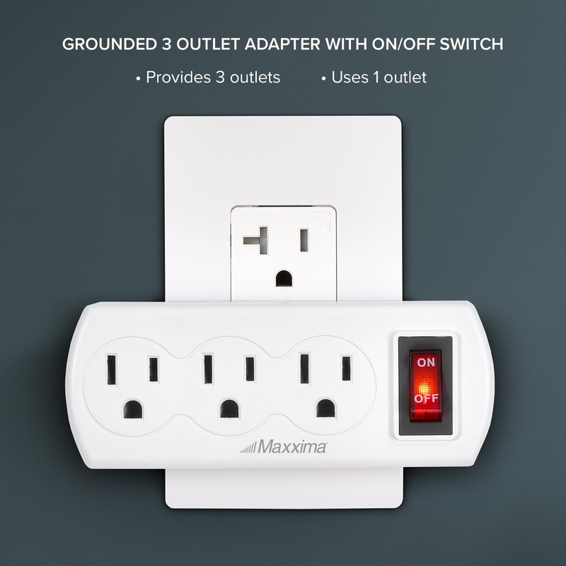 Maxxima 3 Outlet Grounded Wall Plug Adapter with On/Off Switch,