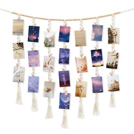 Dremisland Macrame Hanging Photo Display with 45 Clips DIY Photo Collage Frames Boho Wooden Beads Hanging Photo Frames Multiple Pictures Wall Decor for Bedroom Living Room Teen Girl Gifts