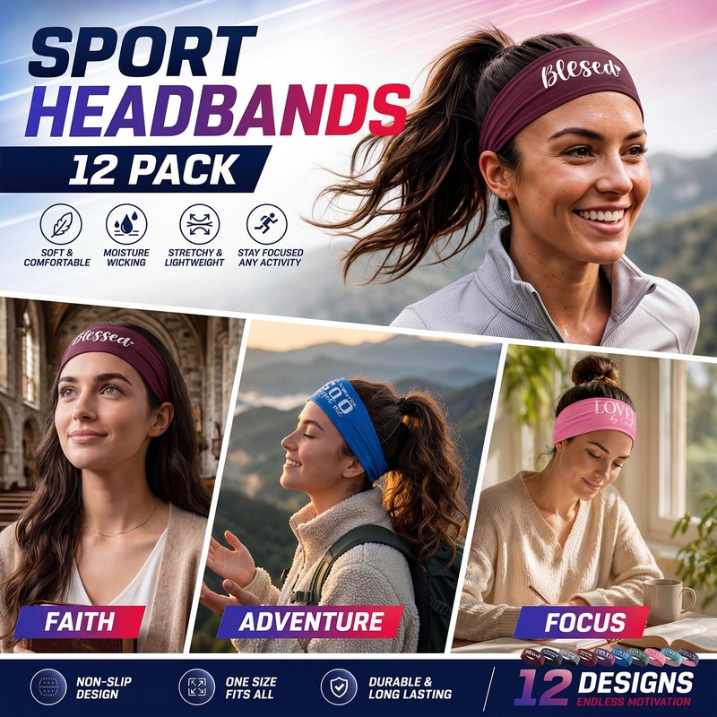 12 Pcs Christian Headbands for Men Women Sweatband Gift