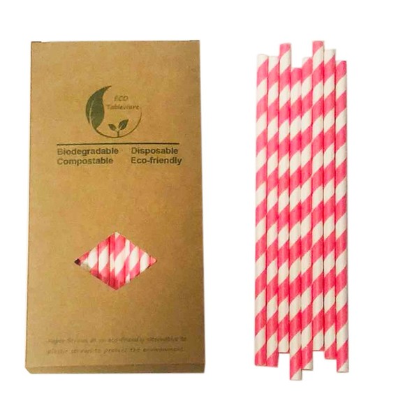 Bright Pink Striped Paper Straws, 100 Counts Spiral Pink and White Stripes Straws Disposable Paper Drinking Straws for Confetti Happiness Party Decorations