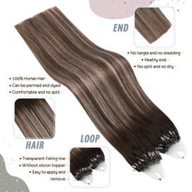 Ugeat 22 Inch Microlink Human Hair Extensions Micro Beads Pre Bonded Fusion Hair Extensions Brown Hair #4 Mixed with Ash Blonde Hair #18 Micro Loop Human Hair Extensions 1G/1Strand 50G