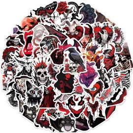 50Pcs Horror Skeleton Stickers Pack for Teens and Adults, Red Skull and The Maiden Stickers for Laptop, Water Bottle, Suitcase, Bicycle, Notebooks, Scrapbooking, Vintage Waterproof Vinyl Decals