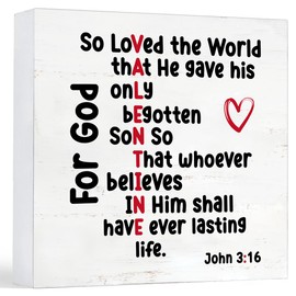 Ptikx Christian Valentines Decor Christian Desk Decor John 3:16 Bible Verses Wood Sign Decor Home Desk Tabletop Shelf Decor, Valentines Day Decorations 5 x 5 Inches