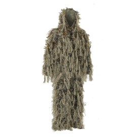 AUSCAMOTEK Lightweight Ghillie Suit for Hunting, Leaf and Dry Grass Camo, 2-Piece Set with Hood and Pants (M~L)