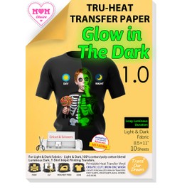 TransOurDream Glow in The Dark Iron on Heat Transfer Paper for T Shirts (10 Sheets, 8.5x11 inch) Printable Heat Transfer Vinyl for Inkjet Printer Light and Dark Cotton Fabrics（GD1-10）