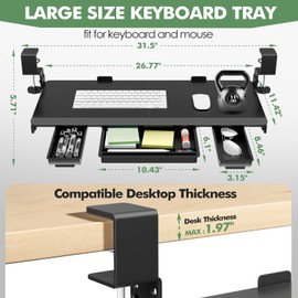 Fotougml Height Adjustable Keyboard Tray Under Desk Slide Out, 27 * 11 Inch Large Size, Ergonomic Keyboard & Mouse Drawer Extender Holder, Sturdy C-Clamp Mount, for Home, Office, Black