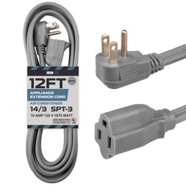 IRON FORGE CABLE 12 Ft Appliance Extension Cord Heavy Duty, Gray - 14 Gauge 3 Prong SPT-3 Cable for Air Conditioner or Refrigerator