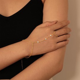 KUTUBORYU Gold Hand Chain Bracelet with Rings, Stylish Ring Bracelet Hand Chain with Cubic Zirconia, Elegant Chain Hand Bracelet for Women, Fashionable Hand Chain Bracelet Jewelry