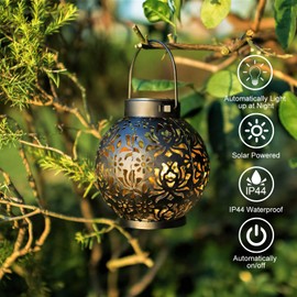 EXCMARK 2 Pack Outdoor Solar Hanging Lantern Lights Metal LED Decorative Lamp for Garden Patio Courtyard Lawn and Table with Hollowed-Out Design (Black)