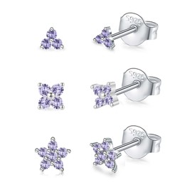 3 Pairs Sterling Silver Stud Earrings for Women Girls, Small Simulated Diamond Earring Amethyst Cubic Zirconia Flower Stud Earrings Hypoallergenic Sleeper Earrings Set for Multiple Pirercing, 3/4/5 mm