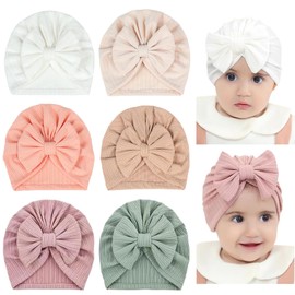 Juego de Gorros para Bebé Recién Nacido, Juego de 6 Gorras de Algodón para Bebé Niña, Sombreros y Gorras para Bebés Niña, Gorro de Lazo, Gorros para recién Nacido Tipo Turbante de Algodón, 0-6 Meses