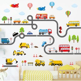 DECOWALL SG3-2308 Transports and Road Wall Decals Stickers kids peel and stick removable nursery bedroom construction boys childrens toddler car décor playroom vehicles truck city road baby