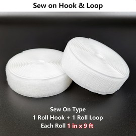 Matenf Sew On Hook and Loop Strips, 1 Inch Wide, Easy to Sew, Excellent Grip, Non Adhesive, Interlocking Tape, Hook & Loop Tape for Clothing Sewing Crafts and DIY Projects, Each Roll 1'' x 9', White
