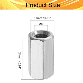Juvielich 5Pcs M8 x 1.25-Pitch 24mm Length Metric Hex Coupling Nut 304 Stainless Steel Rod Coupling Nuts Silver