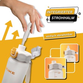 Evolike Water Bottle 1 Litre Space Frosted with Straw Leak-Proof BPA-Free Water Bottle for Work University School Office Leisure Sports Fitness Gym Outdoor Hiking Bicycle (White)